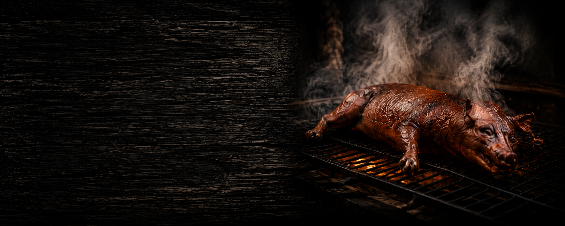 A rustic scene representing the food, fire, and fellowship of Southern barbecue